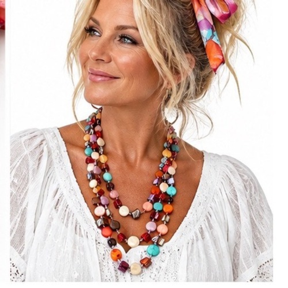 Multicolor Triple Strand Shell Bead Statement Necklace Vibrant Boho Layered